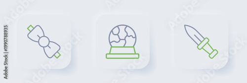 Set line Dagger, Magic ball and Bow tie icon. Vector
