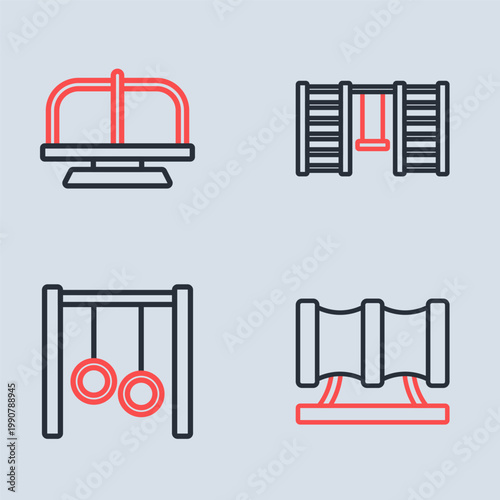 Set line Swedish wall, Gymnastic rings, Kid playground slide pipe and Attraction carousel icon. Vector