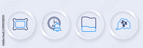 Set line Sleepy, Pillow, Alarm clock and icon. Vector