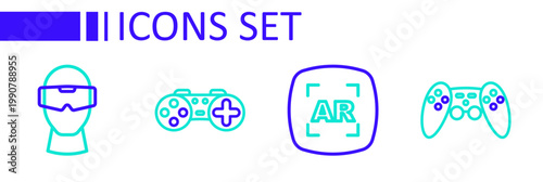 Set line Gamepad, Augmented reality AR, and Virtual glasses icon. Vector