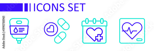 Set line Heart rate, Doctor appointment, Medicine pill tablet and IV bag icon. Vector