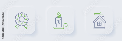 Set line Merry Christmas house, Burning candle and wreath icon. Vector