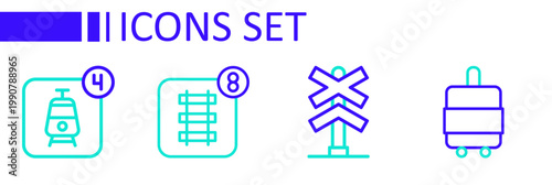 Set line Suitcase, Railroad crossing, Online ticket booking and icon. Vector