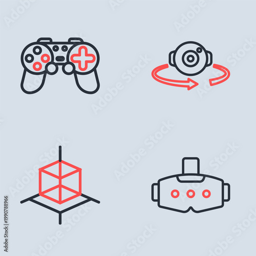 Set line 360 degree view, 3d modeling, Virtual reality glasses and Gamepad icon. Vector