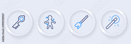 Set line Magic wand, Witches broom, Voodoo doll and Old magic key icon. Vector