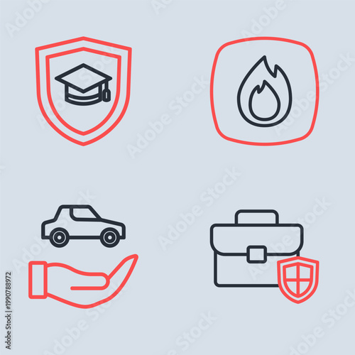 Set line Fire flame, Car insurance, Briefcase with shield and Graduation cap icon. Vector