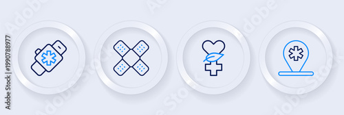 Set line Location hospital, Ethnoscience, Crossed bandage plaster and Smart watch with heart icon. Vector