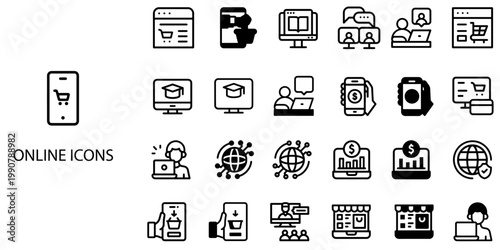 Online simple New concept 24 Black and White color icons set .Vector illustration.