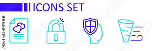 Set line Tornado, Life insurance with shield, Broken cracked lock and Marriage contract icon. Vector