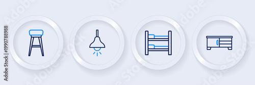 Set line TV table stand, Bunk bed, Lamp hanging and Chair icon. Vector