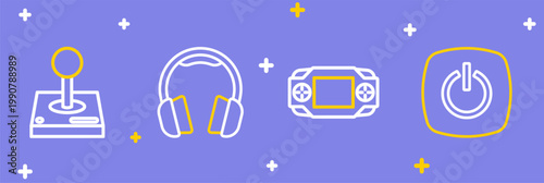 Set line Power button, Portable video game console, Headphones and Joystick for arcade machine icon. Vector