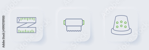 Set line Thimble for sewing, Textile fabric roll and Tape measure icon. Vector