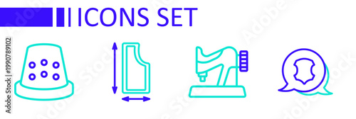 Set line Leather, Sewing machine, pattern and Thimble for sewing icon. Vector