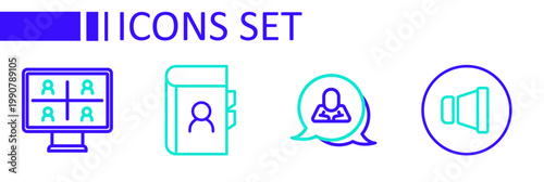 Set line Speaker volume, Speech bubble chat, Phone book and Video conference icon. Vector