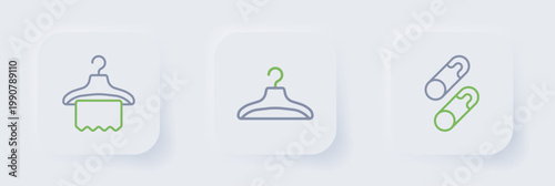 Set line Closed steel safety pin, Hanger wardrobe and icon. Vector