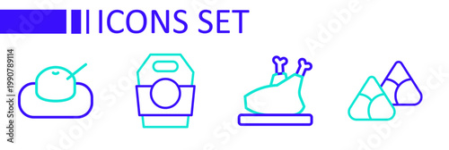 Set line Zongzi in bamboo steamer, Roasted turkey or chicken, Asian noodles paper box and Mochi icon. Vector