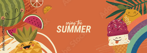 Summer fun with cartoon fruits and rainbow on orange background ice cream summer time party invitation decor supplies favors backdrop elements