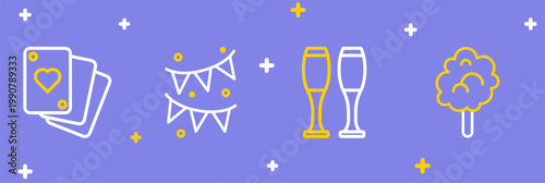 Set line Cotton candy, Bowling pin, Carnival garland with flags and Playing cards icon. Vector