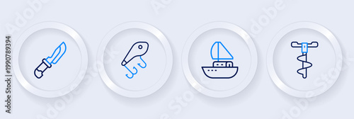 Set line Hand ice drill, Yacht sailboat, Fishing lure and Knife icon. Vector