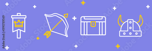 Set line Viking in horned helmet, Antique treasure chest, Medieval bow and arrow and flag icon. Vector