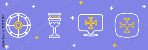 Set line Crusade, Medieval goblet and Round shield icon. Vector