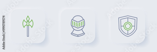 Set line Shield, Medieval helmet and axe icon. Vector