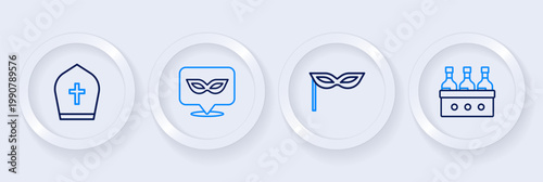 Set line Bottles of wine, Carnival mask, and Pope hat icon. Vector