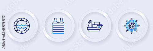 Set line Ship steering wheel, Cargo ship, Striped sailor t-shirt and porthole icon. Vector