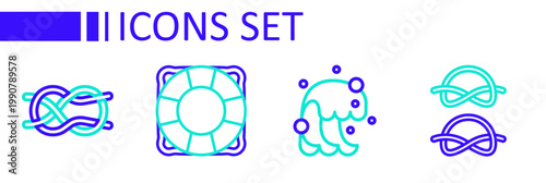 Set line Nautical rope knots, Tsunami, Lifebuoy and icon. Vector