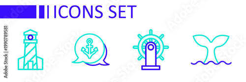 Set line Whale tail, Ship steering wheel, Anchor and Lighthouse icon. Vector