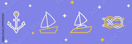 Set line Nautical rope knots, Yacht sailboat, and Anchor icon. Vector