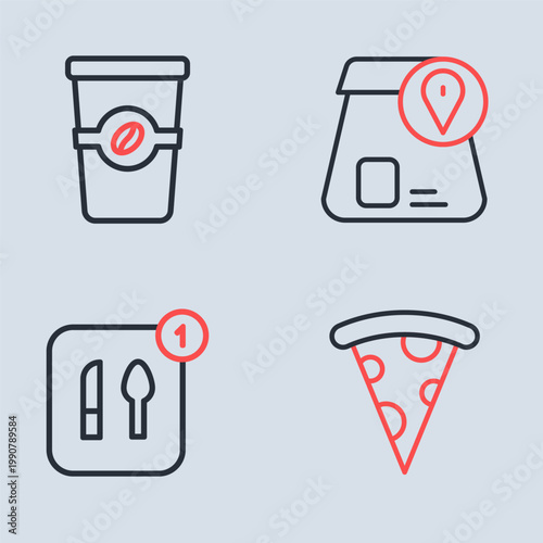 Set line Online ordering food, Food, Slice of pizza and Coffee cup to go icon. Vector