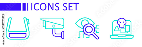 Set line Internet piracy, Eye scan, Security camera and Smart glasses on spectacles icon. Vector