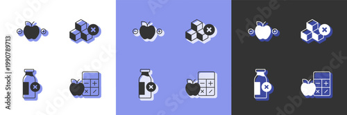 Set Calorie calculator, Lactose intolerance and No sugar free icon. Vector