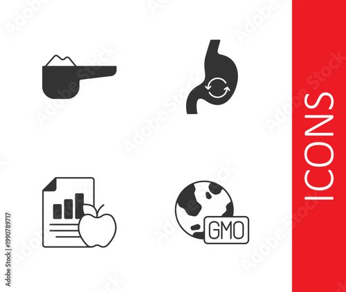 Set GMO, Sports nutrition proteine, Diet plan and Human stomach health icon. Vector