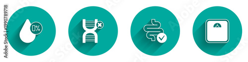 Set Water balance, No GMO, Intestines and Bathroom scales icon with long shadow. Vector