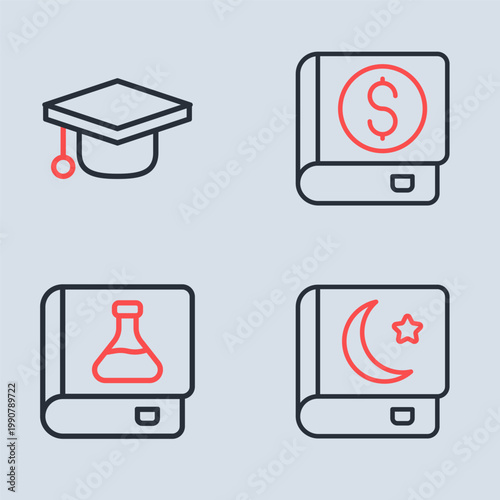 Set line Financial book, Chemistry, Holy of Koran and Graduation cap icon. Vector