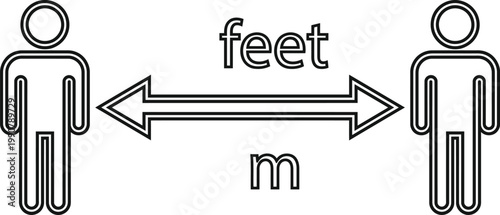 Social distancing vector icon with people figures and arrows, physical distance safety sign, black outline measurement symbol for feet and meters