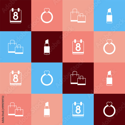 Set pop art Calendar with 8 March, Diamond engagement ring, Paper shopping bag and Lipstick icon. Vector