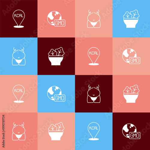 Set pop art Kcal, GMO, Obesity and Salad in bowl icon. Vector