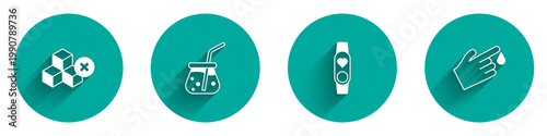 Set No sugar free, Fresh smoothie, Smart watch with heart and Finger blood icon with long shadow. Vector