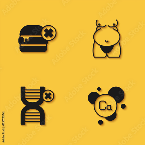 Set No burger, Calcium, GMO and Obesity icon with long shadow. Vector