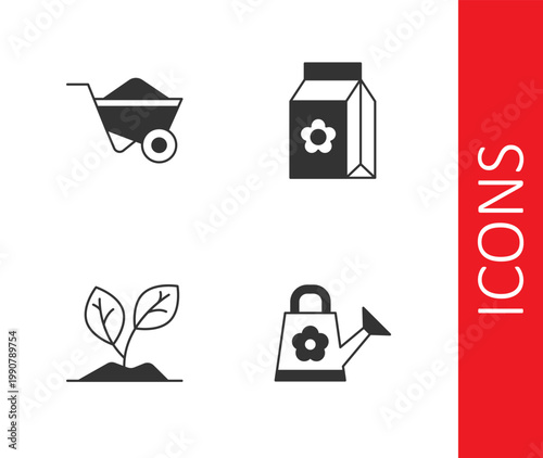 Set Watering can, Wheelbarrow, Sprout and Pack full of seeds icon. Vector