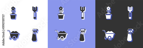 Set Garden sprayer for water, Flower in pot, Wheelbarrow and pitchfork icon. Vector