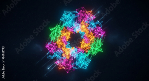 Vibrant multicolored glowing neon light network forming a circular shape on a dark background with dynamic lines and connections