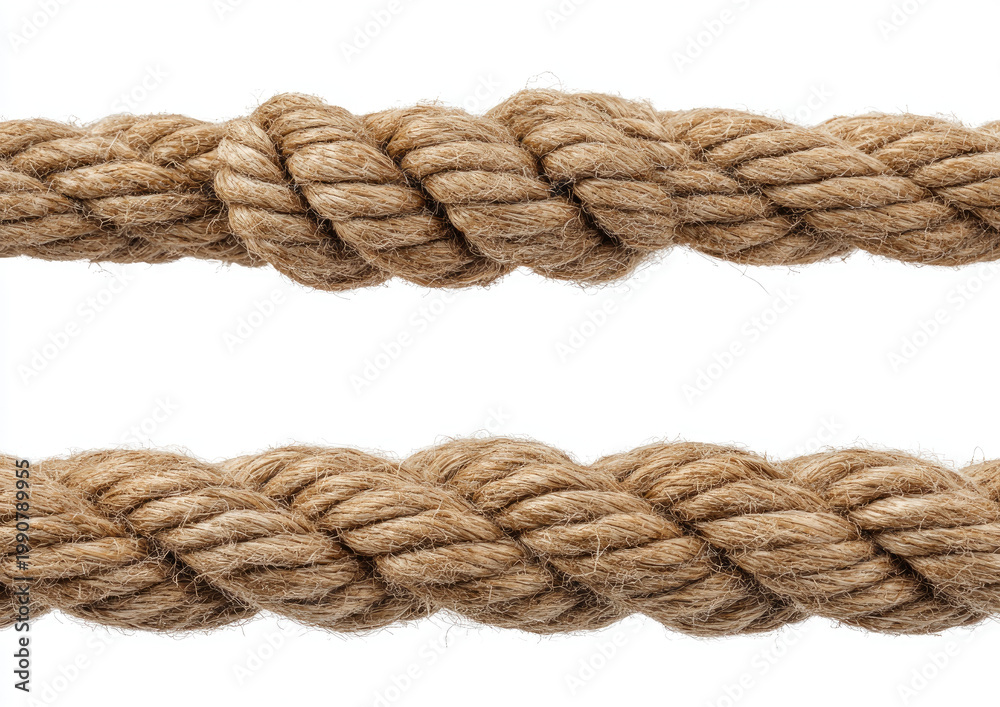 Fototapeta premium Two coarse, fibrous ropes with braided strands, isolated on white
