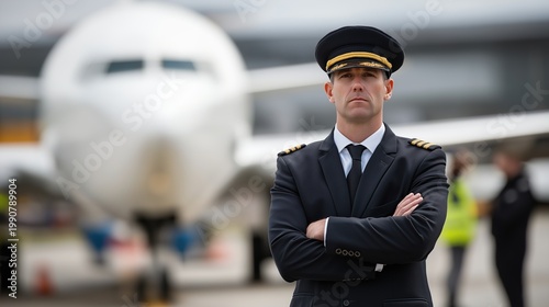 Portrait of a confident commercial airline captain in full professional uniform with arms crossed, standing on the airport tarmac in front of a large passenger jet aircraft.