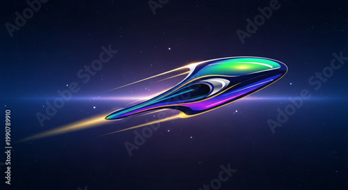 Vibrant iridescent spaceship zooms through deep blue space with glowing trail and stars