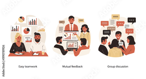 Illustration set showing coworkers in teamwork, sharing feedback, and having group discussions to improve collaboration.