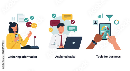 Three modern vector illustrations showing key business processes—collecting information, managing assigned tasks, and using digital tools for operations